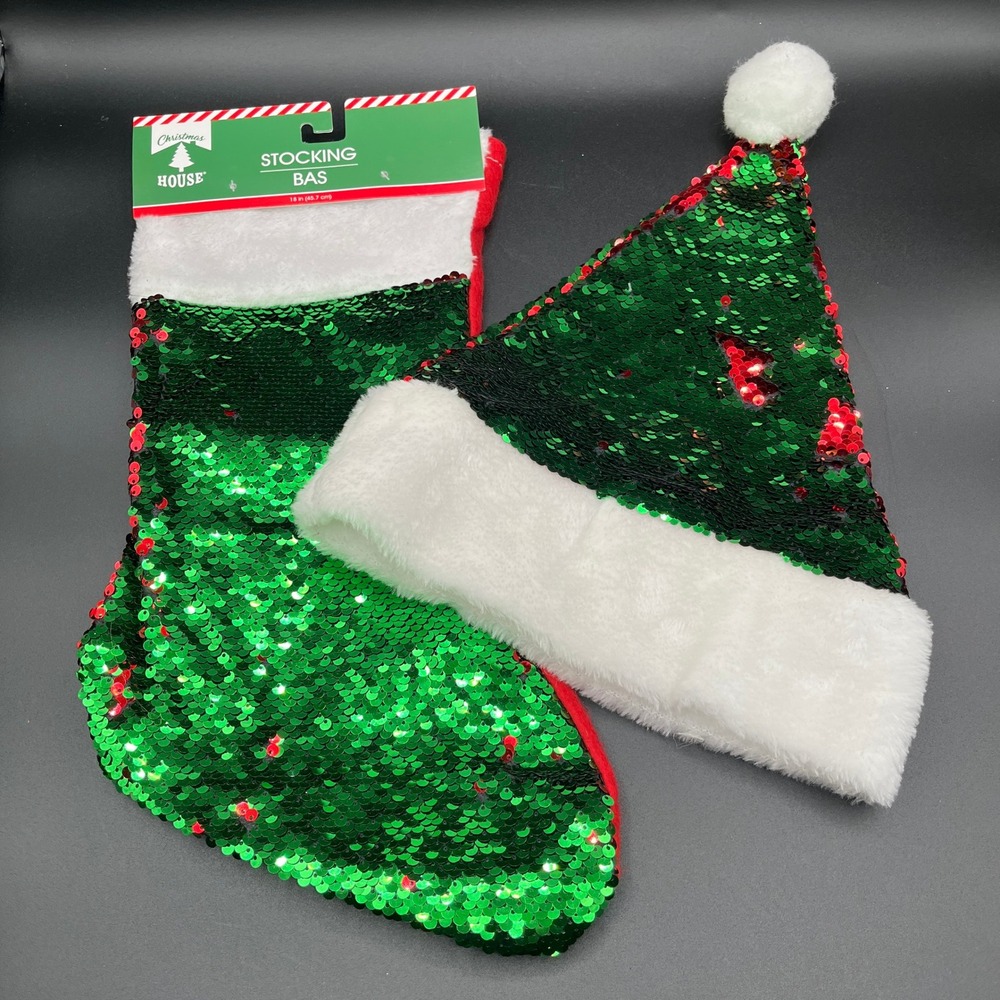 Christmas House Sequin Stocking Santa Hat Set Green‎ Red White Holiday Decor